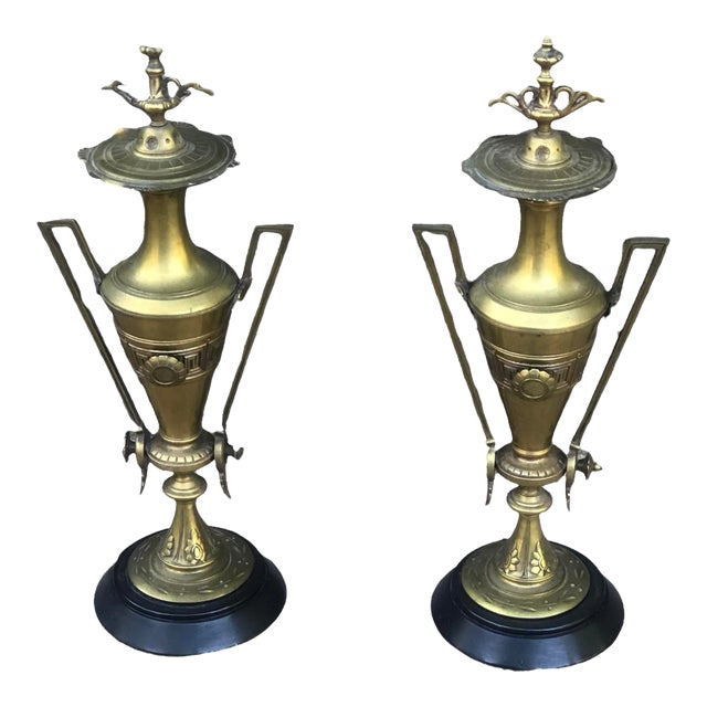 Late 19th Century Etruscan Bronze Doré Antique Urns on Marble Bases - a Pair For Sale