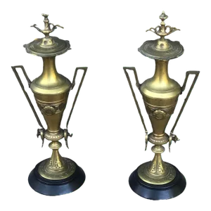 Late 19th Century Etruscan Bronze Doré Antique Urns on Marble Bases - a Pair