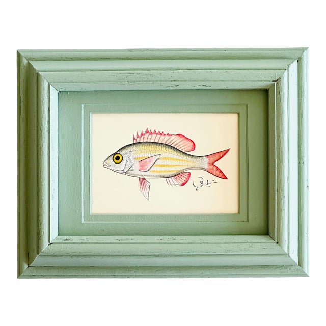Original Hand-Painted Fish Painting in a Hand-Painted Frame For Sale