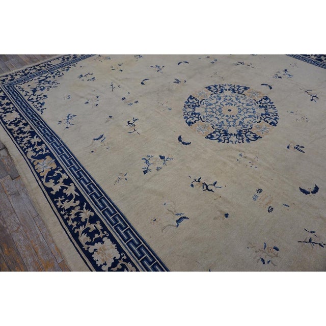 Textile 1920s Beige Field Classic Greek Key Antique Chinese Peking Room Size Knotted Rug For Sale - Image 7 of 10