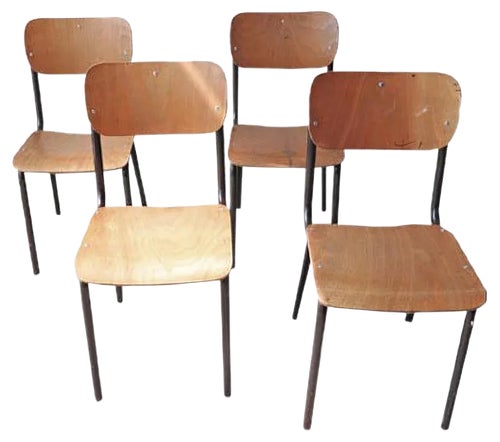 Vintage Wood and Tubular Black School Chairs, Set of