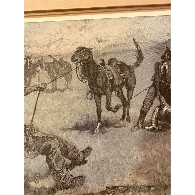 Illustration 1970s Frederic Remington Wood Engraving "Teaching a Mustang Pony to Pack Dead Game" Western Cowboys Horses For Sale - Image 3 of 10