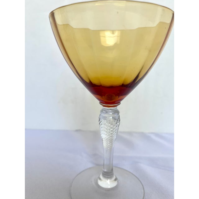 1930s Mid-Century Cambridge Glass Amber & Clear Stem Champagne Coupes - Set of 7 For Sale - Image 12 of 18