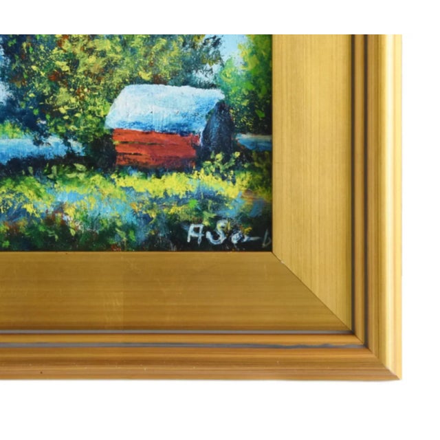 Red Red Cottages & Lush Landscape Oil Painting Including the Antiqued Gold Wood Frame For Sale - Image 8 of 10