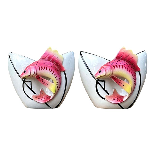 Vintage Stafford Ceramic Leaping Fish Vases - Pair For Sale