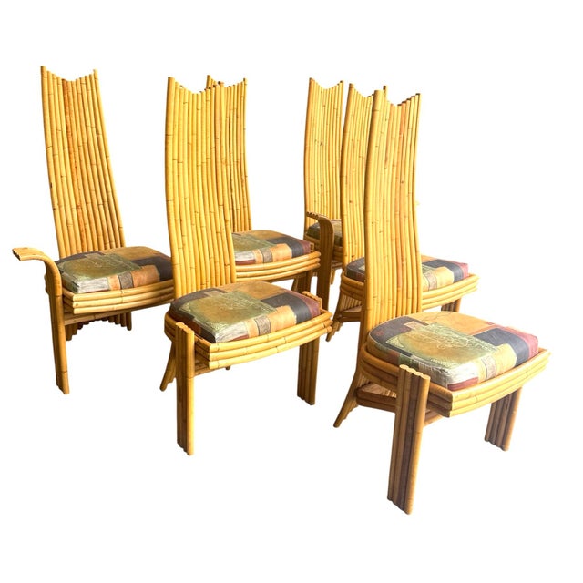 Sculptural high backed rattan dining chairs, set of 2 armchairs, 4 side chairs. Made by Arthur Edwards for McGuire in the...