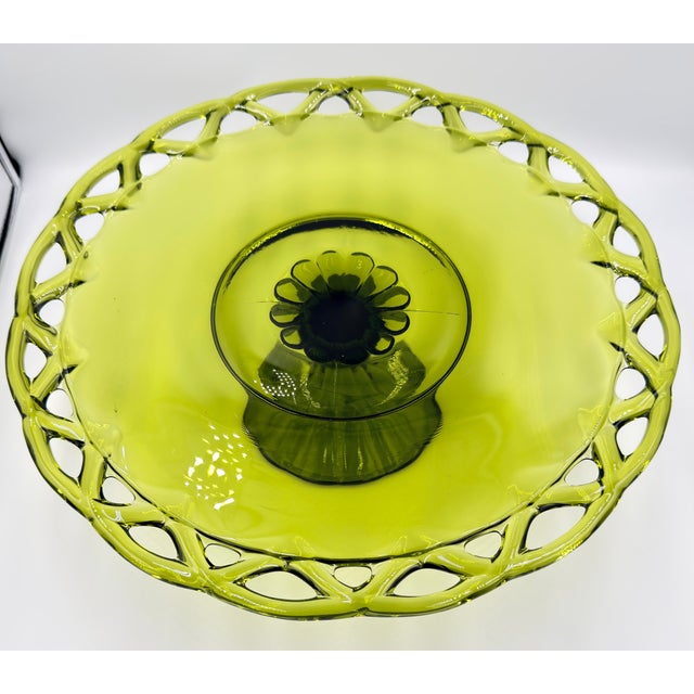 Colony Glass 1950s Pitman-Drietzer Glass Avocado Green Cake Stand "Colony Lace" 14" Plate For Sale - Image 4 of 8