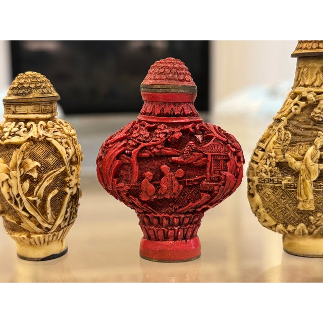 Vintage Chinese / Chinoiserie Style Relief Decorated Snuff Bottles - Set of 3 For Sale - Image 4 of 11