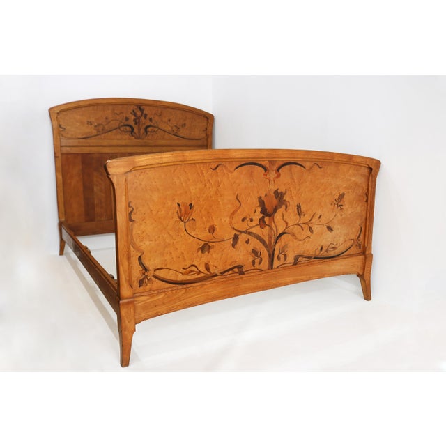 Antique Art Nouveau Bed with Inlaid Marquetry Decorative Floral Design, 1890s For Sale - Image 4 of 16