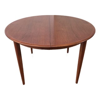 Mid- Century Danish Modern Teak Dining Table Round Opens Oval 105 Inches With 3 Leaves For Sale
