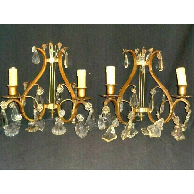 C1920 French Art Deco Bronze W/ Cut Crystal Lyre Back Wall Sconces For Sale - Image 13 of 13