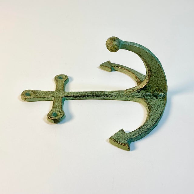Asparagus 1970s Vintage Nautical Coastal Arts & Crafts Cast Iron Anchor Wall Hook For Sale - Image 8 of 11