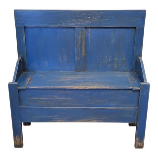 Antique German Pine Storage Bench With Cobalt Blue Paint For Sale