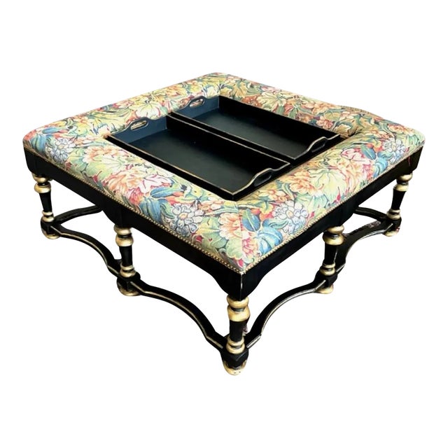 Grand Upholstered Coffee Table / Ottoman With Serving Trays For Sale