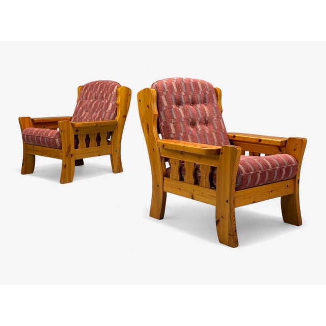 Swedish Modern, Pine, Red Fabric, Brutalist Lounge Chairs, Sweden, 1950s Pair of brutalist style pine and fabric chairs...