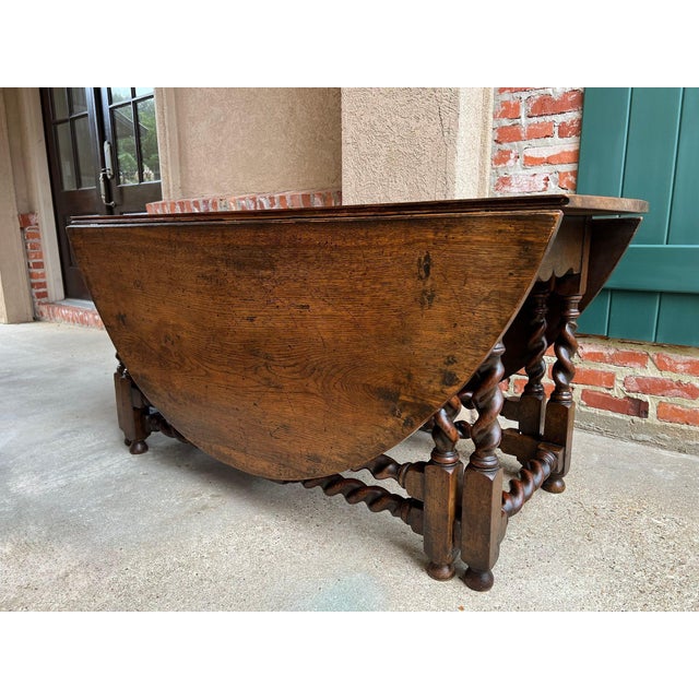 Antique English Wake Dining Table Drop Leaf Barley Twist Jacobean Oak Console For Sale - Image 14 of 18
