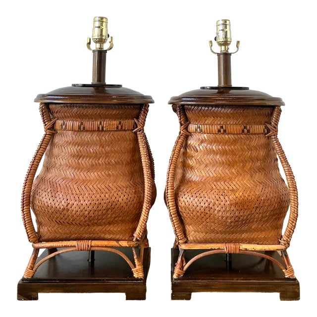 Vintage Woven Rattan Basket Lamps - A Pair For Sale