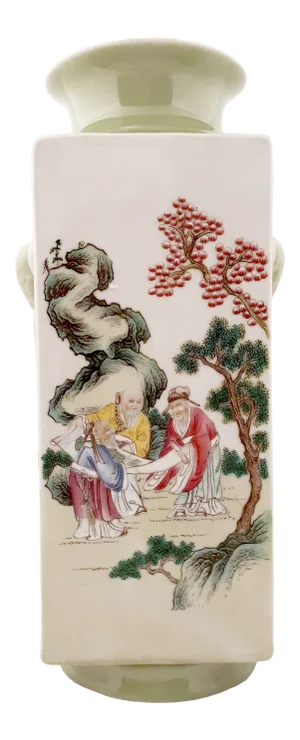Early 20th Century Chinese Porcelain Garden Landscape Cong Vase
