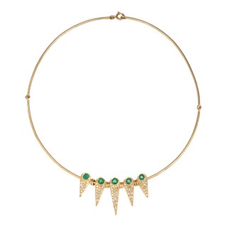 80s French Import Emerald Diamond Spike Necklace Collar 14k Yellow Gold Jewelry For Sale