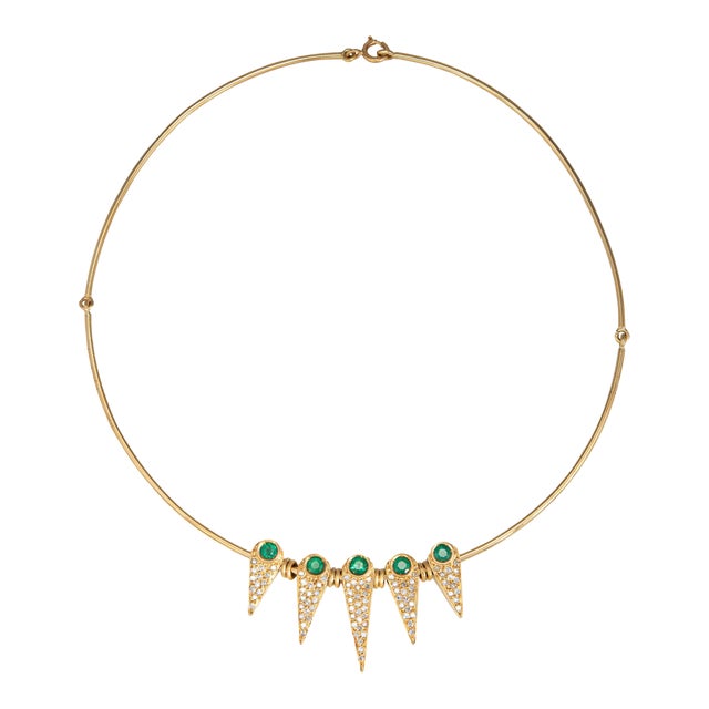 80s French Import Emerald Diamond Spike Necklace Collar 14k Yellow Gold Jewelry For Sale