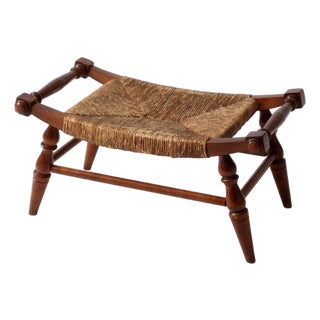 Vintage Early American Rush Seat Bench Stool For Sale