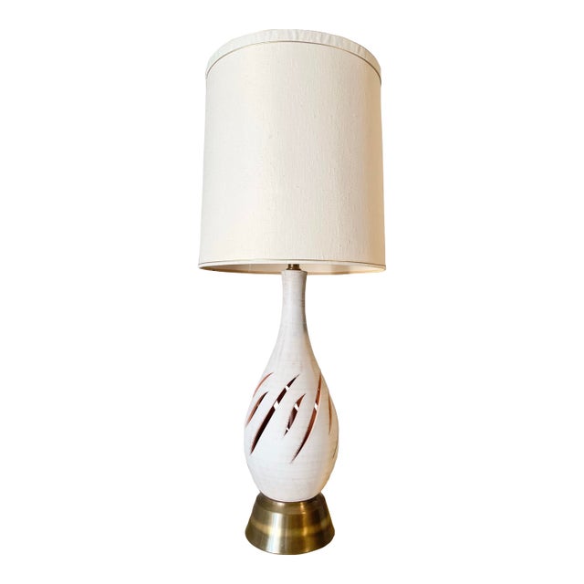 Tall Mid Century Modern White Ceramic Table Lamp With Flame Design Circa 1960s For Sale