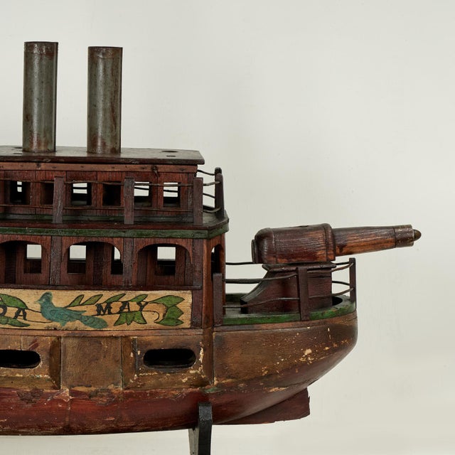 Wood Antique Folk Art Boat Model For Sale - Image 7 of 15