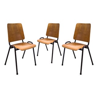 Mid-Century Industrial Brown Stacking School Chairs in Wood & Metal, Set of 3 For Sale