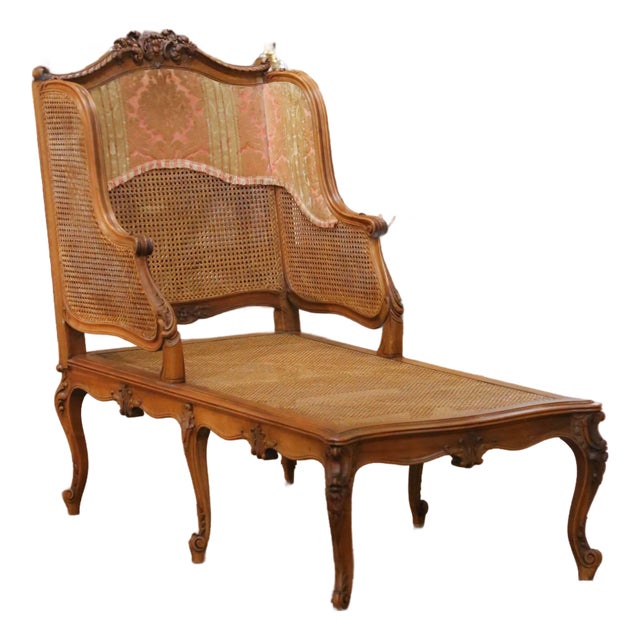 19th Century French Louis XV Carved Walnut Caned Chaise Lounge For Sale