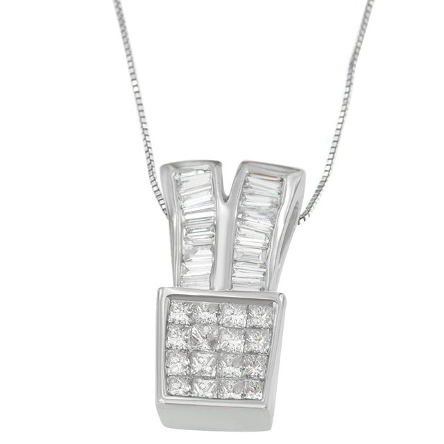 Let her style sparkle with this radiant pendant finished in 14 karat white gold. Bands of princess and baguette cut...