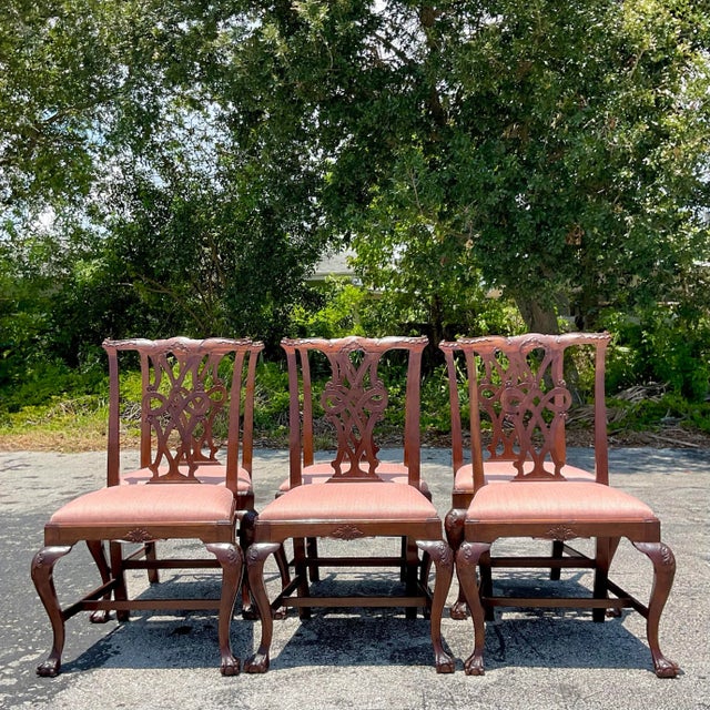 A fabulous set of six vintage Regency dining chairs. Gorgeous garbed ruffle details and cabriolet legs. Acquired from a...