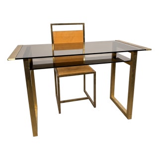 Mid-Century Italian Brass Desk and Chair, 1970s, Set of 2 For Sale