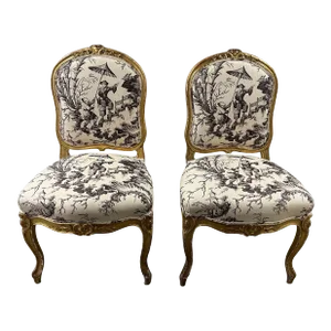 Custom Chinoiserie Toile Giltwood Chairs - a Pair