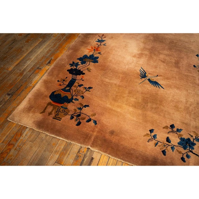 Khaki 1920s Antique Caramel Field Floral Handknotted Wool Chinese Art Deco Carpet Rug For Sale - Image 8 of 10