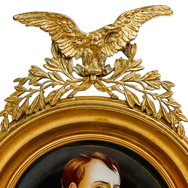 French Early 20th Century Miniature Napoleon Portrait on Ceramic in Imperial Eagle Faux-Gilt Frame For Sale - Image 3 of 14