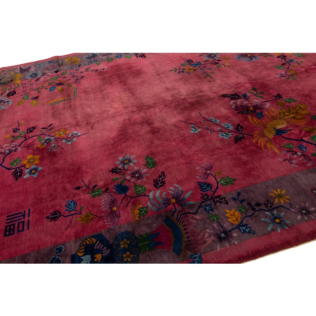 Antique Art Deco Handmade Chinese Wool Rug in Burgundy Red For Sale - Image 10 of 10