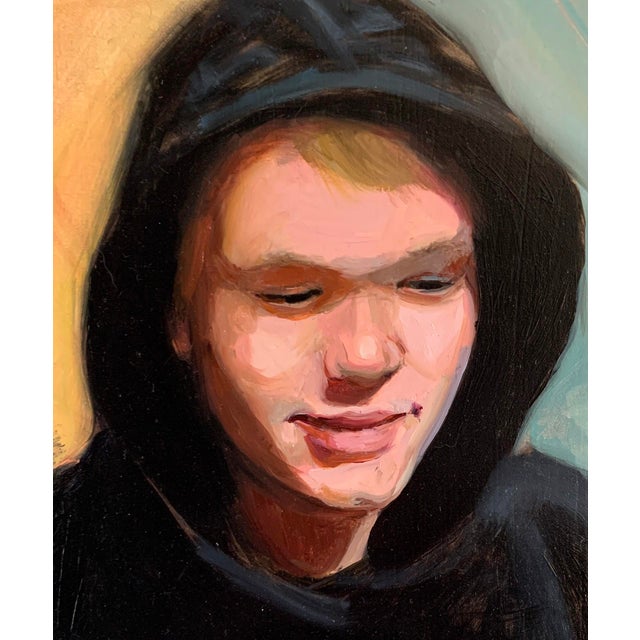 Misfits Hoodie by Ellen Starr Lyon | Oil Painting of a young person in a black hoodie For Sale - Image 4 of 4