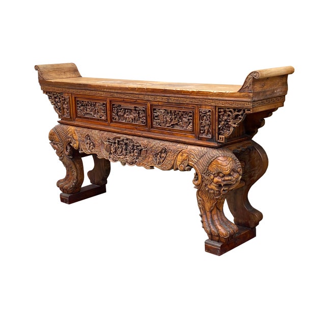Auburn Chinese Vintage Opera Scenery Lion Heads Carving Long Altar Console Table For Sale - Image 8 of 14