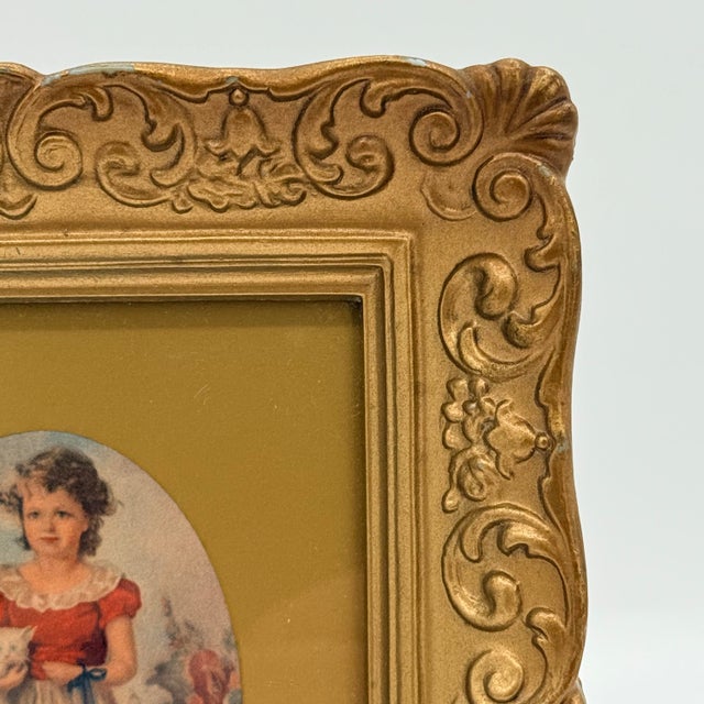 Victorian Vintage Ornate Gold Gilt Frame With Victorian Girl and White Cat Portrait For Sale - Image 3 of 5
