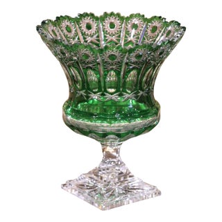 Mid-Century Bohemian Cut-to-Clear Green Crystal Compote With Starburst Motifs For Sale