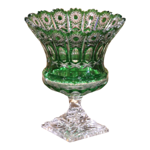 Mid-Century Bohemian Cut-to-Clear Green Crystal Compote With Starburst Motifs