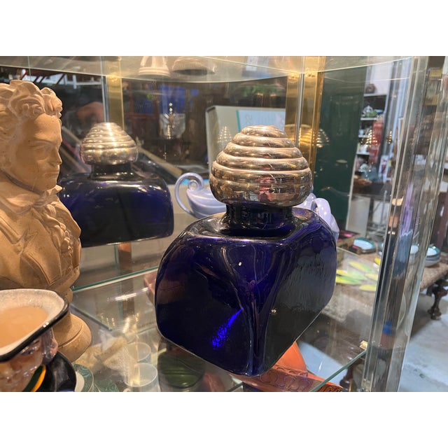 1970s 1970s French Blue Biomorphic Glass Bottle With Silver Top For Sale - Image 5 of 8