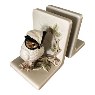Vintage Japanese Hand Painted Owl Bookends - a Pair For Sale