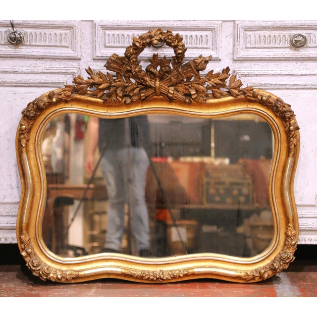 Mid 19th Century 19th Century French Louis XV Giltwood Wall Mirror With Floral Crest For Sale - Image 5 of 8