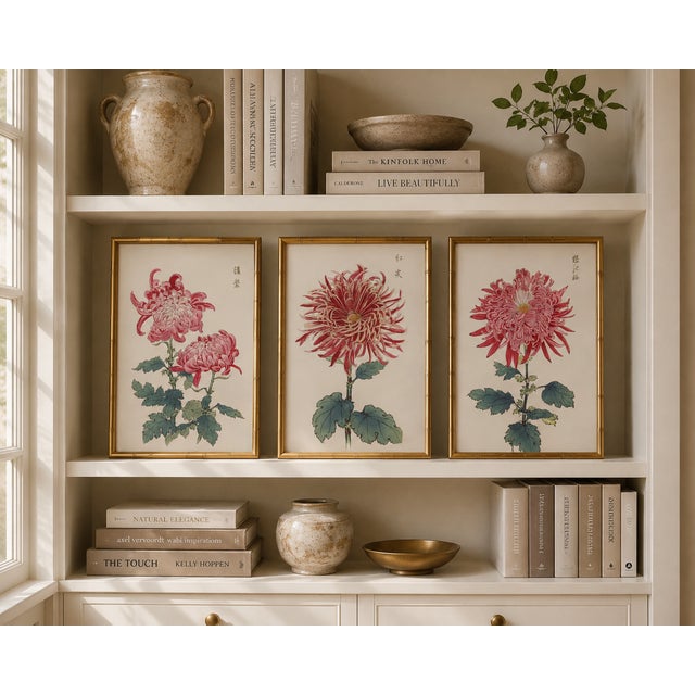 Not Yet Made - Made To Order Red Chrysanthemum Triptych, Vintage Japanese Botanical Art Prints (Set of 3), 8" X 12" For Sale - Image 5 of 6
