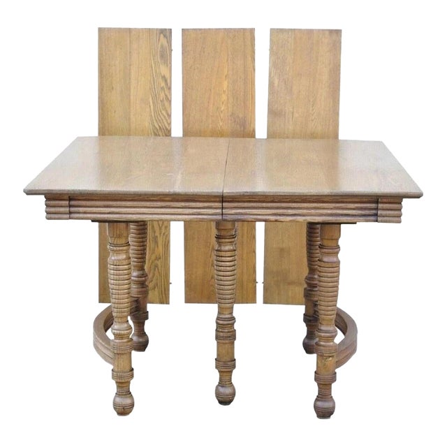 Antique American Victorian Oak Wood Square Extension Dining Table With 3 Leaves For Sale