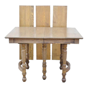 Antique American Victorian Oak Wood Square Extension Dining Table With 3 Leaves
