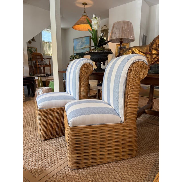 Hollywood Regency 1980s Woven Rattan Slipper Chairs in Blue and White Stripe For Sale - Image 3 of 4