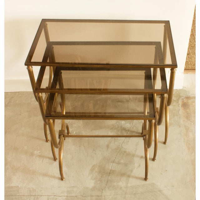 Maison Jansen 1960s Art Deco Brass and Smoked Glass Nesting Tables - 3 Pieces For Sale - Image 4 of 9