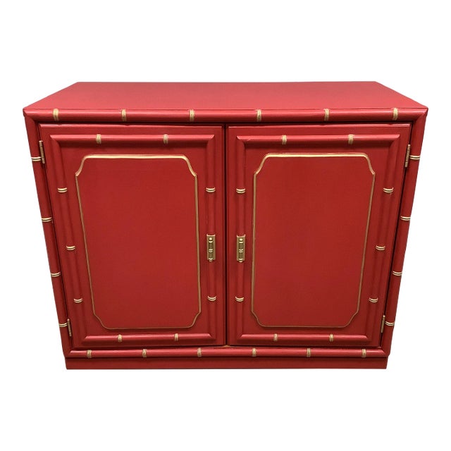 Red Chinoiserie Double Door Buffet Sideboard Petite Faux Bamboo Design W Drawer For Sale